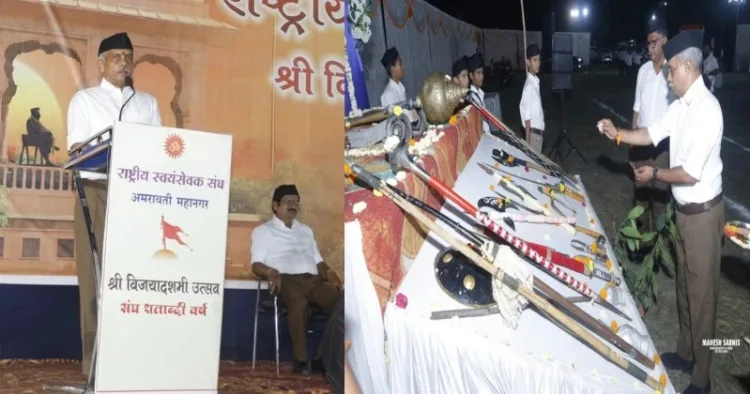 J Nandakumar, National Convenor of Prajna Pravah, at the RSS Vijayadashami celebration held at Narasamma College campus, Kiran Nagar area, Amravati Metropolitan