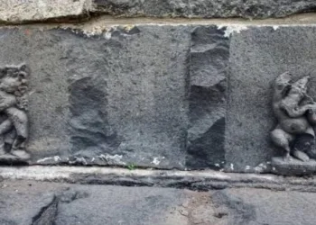 Motifs of Bhagwan Ganesha and a dancing female figure at Adina mosque, Malda