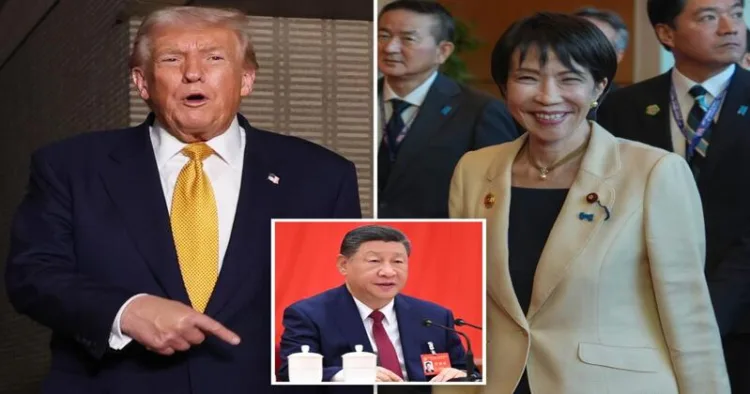 US President Donald Trump, Japan's Prime Minister Sanae Takaichi and Chinese President Xi Jinping