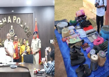 (Left) Chhattisgarh Maoist Couple Surrenders in Kandhamal, Major Boost to Odisha’s Anti-Naxal Drive (Right) Large dump of materials recovered in Kandhamal