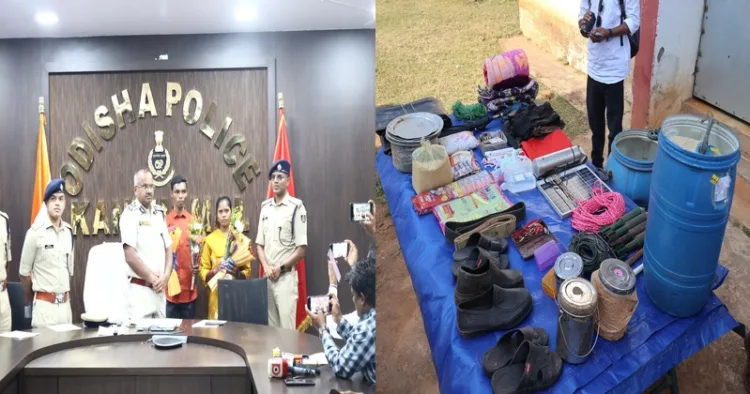 (Left) Chhattisgarh Maoist Couple Surrenders in Kandhamal, Major Boost to Odisha’s Anti-Naxal Drive (Right) Large dump of materials recovered in Kandhamal
