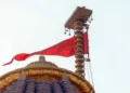 Ayodhya, Nov 25 (ANI): A view of the Saffron flag on the top of Shri Ram Janmabhoomi Mandir during the Dhwajarohan Utsav, in Ayodhya on Tuesday. (DPR PMO/ANI Photo)