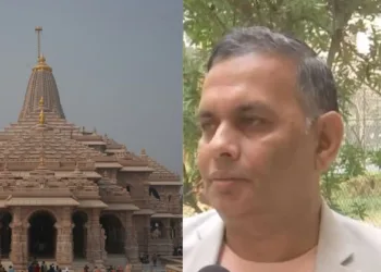 (Left)Ayodhya Ram Mandir (Right) Indologist Lalit Mishra who discovered Ayodhya's ancient flag