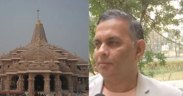 (Left)Ayodhya Ram Mandir (Right) Indologist Lalit Mishra who discovered Ayodhya's ancient flag