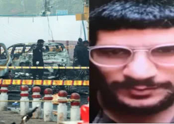 (Left) The site of the blast in Delhi (Right) Key suspect Dr Umar