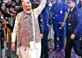 New Delhi, Nov 14 : Prime Minister Narendra Modi greets the supporters as the National Democratic Alliance (NDA) wins the Bihar Assembly elections, at BJP headquarters, in New Delhi on Friday