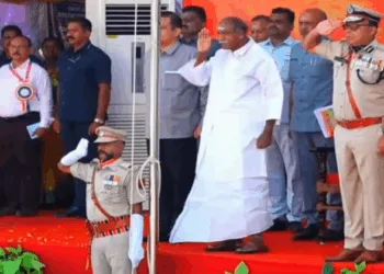 Puducherry Chief Minister N. Rangasamy hoisted the national flag and accepted the police parade at the Puducherry Liberation Day