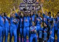 Women in blue lift the ICC Women Cricket World Cup 2025 trophy