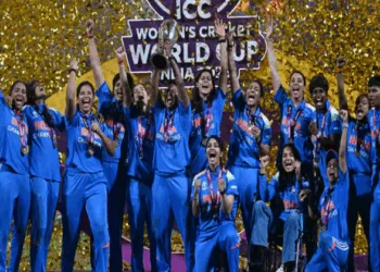 Women in blue lift the ICC Women Cricket World Cup 2025 trophy