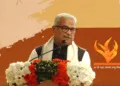 RSS Sah-Sarkaryavah Dr Krishna Gopal addressing the gathering on Day 1 of the four-day lecture series ‘Rashtriya Swayamsevak Sangh ki Shatabdi Yatra: Netritva ki Disha aur Bhumika’ organised by Bharatiya Vichar Manch