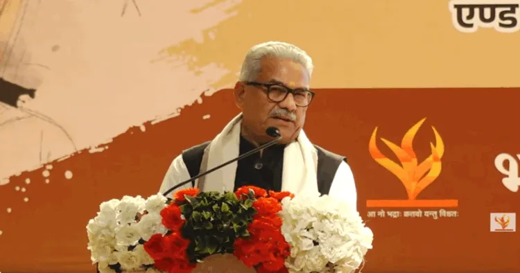 RSS Sah-Sarkaryavah Dr Krishna Gopal addressing the gathering on Day 1 of the four-day lecture series ‘Rashtriya Swayamsevak Sangh ki Shatabdi Yatra: Netritva ki Disha aur Bhumika’ organised by Bharatiya Vichar Manch