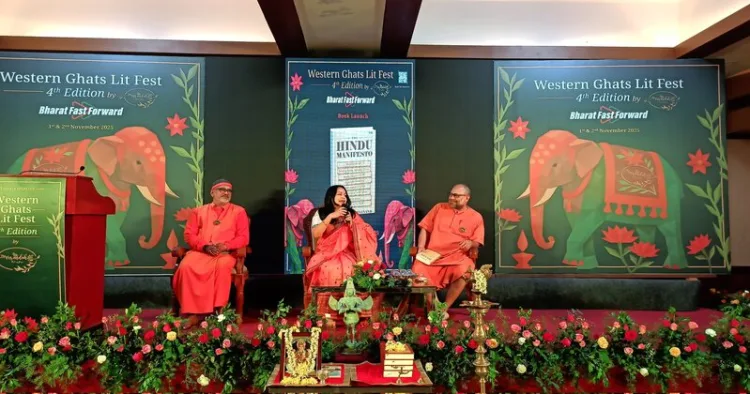 Shefali Vaidya moderating a session with 2 monks Swami Vigyananda & Swami Mitrananda launching the book The Hindu Manifesto - Youth, Dharma & The digital dilemma