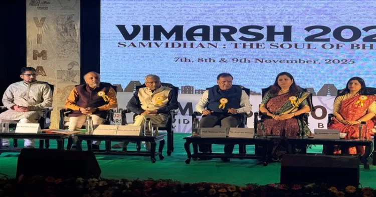 Dignitaries on the stage at the annual youth conference “Vimarsh 2025” organised by Yuva Sangathan at Kamla Nehru College
