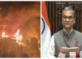 (Left) Nowgam Police Station blast burnt to flames (Right) Prashant Lokhande, Joint Secretary, Jammu and Kashmir Division (MHA)