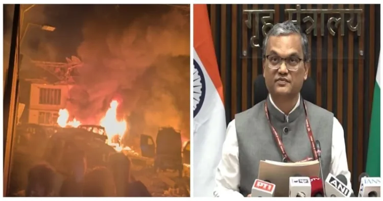 (Left) Nowgam Police Station blast burnt to flames (Right) Prashant Lokhande, Joint Secretary, Jammu and Kashmir Division (MHA)