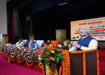 Akhil Bharatiya Prachar Pramukh of the Rashtriya Swayamsevak Sangh (RSS), Sunil Ambekar addressing the gathering at the annual literary conclave ‘Kashi Shabdotasav’