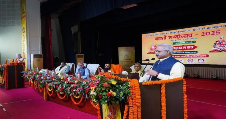 Akhil Bharatiya Prachar Pramukh of the Rashtriya Swayamsevak Sangh (RSS), Sunil Ambekar addressing the gathering at the annual literary conclave ‘Kashi Shabdotasav’