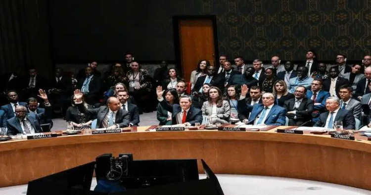 US Ambassador to the UN Michael Waltz and other ambassadors vote in favour of a US proposal for a U.N. mandate to establish an international stabilization force in Gaza