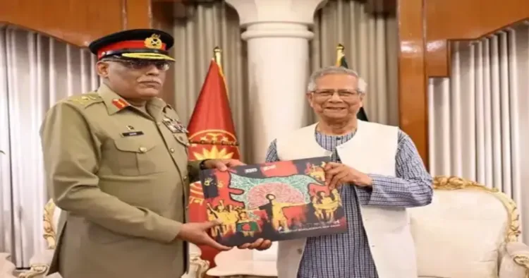 Muhammad Yunus presents artwork to Pakistan General that depicts altered Bangladesh map that has annexed territories of Northeast India