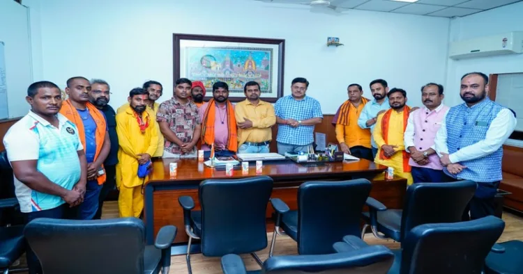 State Law Minister Prithviraj Harichandan spoke to cow-protection activists who were on a hunger strike