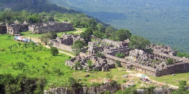 The Preah Vihear Temple on a cliff in the Dangrek mountains along the border of Cambodia-Thailand