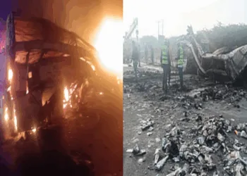 Bus caught fire after collision with a lorry leaving at least 10 people dead