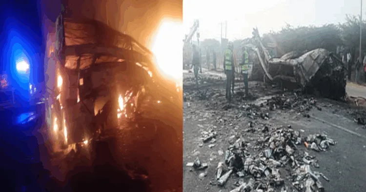 Bus caught fire after collision with a lorry leaving at least 10 people dead