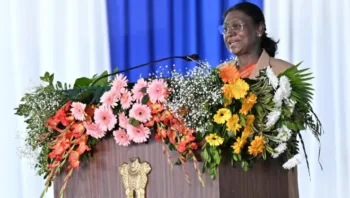 President Droupadi Murmu graces the Antarrajyiy Jansanskritik Samaroh in Jharkhand, Image courtesy- X [Presidentbhvn]