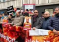 Indians and Bangladesh Hindus protesting against Hindu killings in Bangladesh outside the Bangladeshi High Commission in London. (ANI)