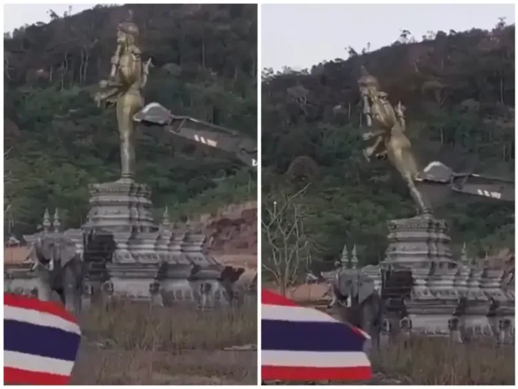 Screenshots from the video allegedly showing a Hindu deity's sculpture being bulldozed