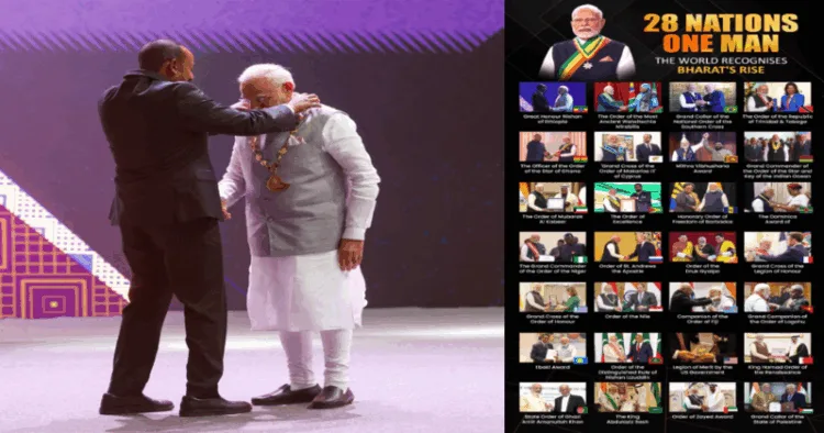 (Left) Ethiopian Prime Minister Abiy Ahmed Ali bestowed The Great Honour Nishan of Ethiopia - on Prime Minister Narendra Modi (Right) 28th foreign State honour bestowed on PM Narendra Modi