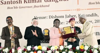 President of Bharat Droupadi Murmu graces the closing ceremony of 100-year celebration of OI Chiki script in Jharkhand, Image courtesy PIB