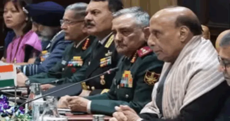 Rajnath Singh during the 22nd India–Russia Inter-Governmental Commission on Military and Military Technical Cooperation meeting in New Delhi on Thursday. (Image Credit: ANI)