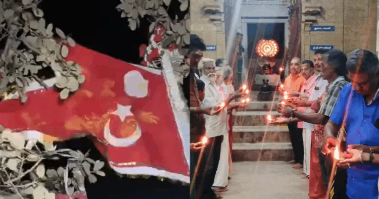 Muslim flags (Left) - - Hindu devotees (right)
