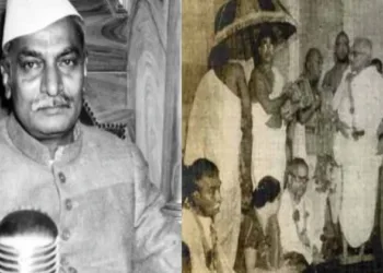 President Rajendra Prasad (Left) , during the installation of the Shiva linga for the consecration ceremony of the Somnath temple