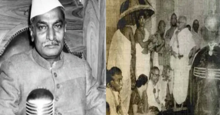 President Rajendra Prasad (Left) , during the installation of the Shiva linga for the consecration ceremony of the Somnath temple