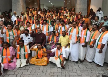 Kerala BJP state president Rajeev Chandrasekhar with the newly elected BJP councillors of the Thiruvananthapuram Municipal Corporation following the party’s historic civic poll victory