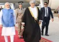 Prime Minister Narendra Modi with Oman Deputy Prime Minister for Defence Affairs Sayyid Shihab bin Tariq Al Said, as he arrives, in Muscat, Oman
