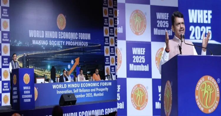 (Left) Dignitaries on the stage at the World Hindu Economic Forum (Right) Maharashtra CM Devendra Fadnavis addressing the gathering at WEHF