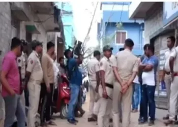 Police personnel at the blast site in Sundarpada area of Bhubaneswar