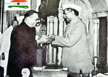 Dr BR Ambedkar handing over the final draft of the Constitution of Bharat to Dr. Rajendra Prasad, the President of the Constituent Assembly. This significant event occurred on November 26, 1949, when the Constituent Assembly adopted the Constitution