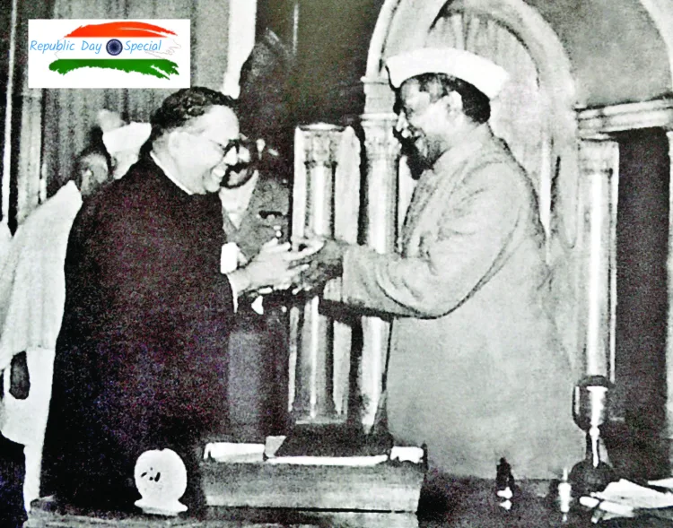 Dr BR Ambedkar handing over the final draft of the Constitution of Bharat to Dr. Rajendra Prasad, the President of the Constituent Assembly. This significant event occurred on November 26, 1949, when the Constituent Assembly adopted the Constitution