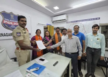 GHMC corporator Akula Srivani with her team after filing complaint with Hyderabad police