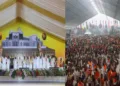 (Left) PM Modi along with other leaders on the stage at NDA rally in Madhuranthakam (Right) Massive crowd at Madhuranthakam