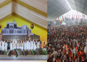(Left) PM Modi along with other leaders on the stage at NDA rally in Madhuranthakam (Right) Massive crowd at Madhuranthakam