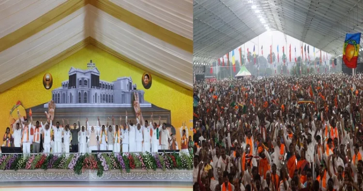 (Left) PM Modi along with other leaders on the stage at NDA rally in Madhuranthakam (Right) Massive crowd at Madhuranthakam