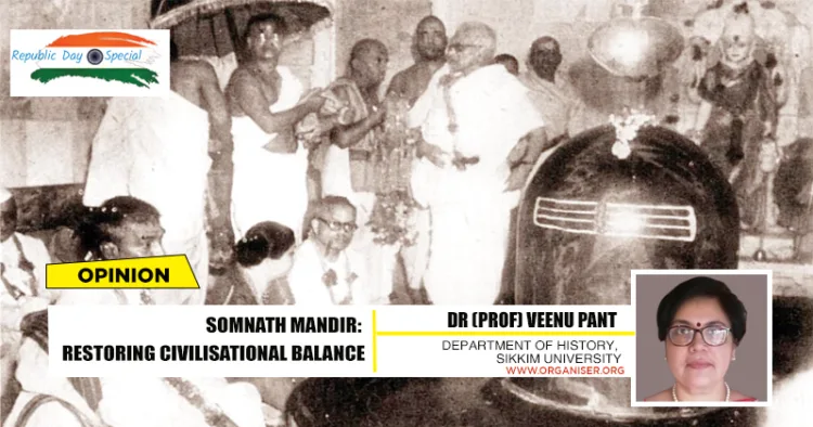 The Then-President Rajendra Prasad during the installation of the Shiva linga for the consecration ceremony of the Somnath temple, at Patan, Gujarat, on 11 May 1951