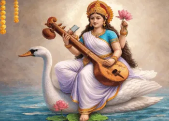 Sarswati Mata with a veena in her hand