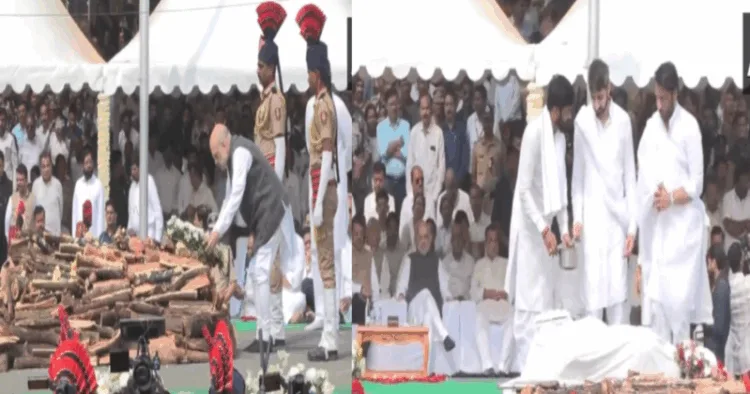 (Left) HM Amit Shah pays last respects to longest serving Maharashtra DyCM Ajit Pawar (Right) Sons of Ajit Pawar carry out the final rituals ahead of lighting the funeral pyre