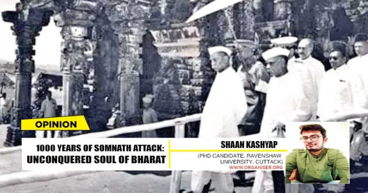 The then-President Dr Rajendra Prasad and other leaders attending the opening of Somnath Mandir in Gujarat